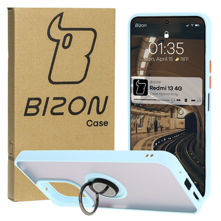 Etui z uchwytem na palec Bizon Case Hybrid Ring do Xiaomi Redmi 13 4G, przydymione z jasnoniebieską ramką