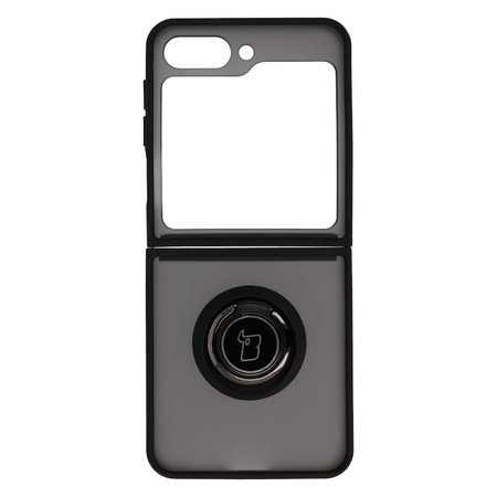 Etui z uchwytem na palec Bizon Case Hybrid Ring do Galaxy Z Flip5, przydymione z czarną ramką