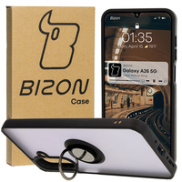 Etui z uchwytem na palec Bizon Case Hybrid Ring do Galaxy A26 5G, przydymione z czarną ramką