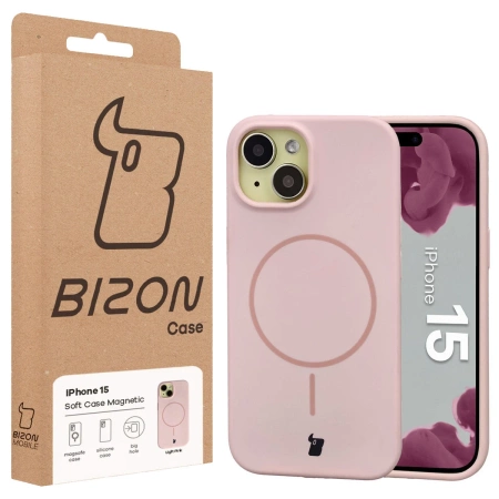 Silikonowe etui z pierścieniem magnetycznym Bizon Soft Case Magnetic do iPhone 15, jasnoróżowe