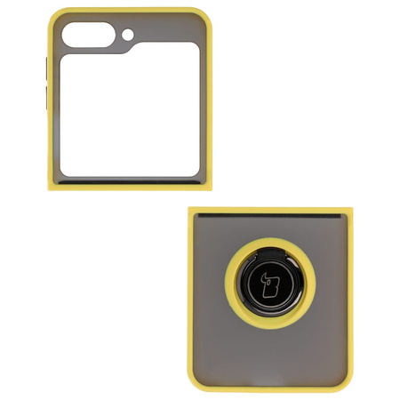 Etui z uchwytem na palec Bizon Case Hybrid Ring do Galaxy Z Flip5, przydymione z żółtą ramką