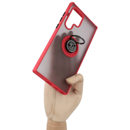 Etui z uchwytem na palec Bizon Case Hybrid Ring do Galaxy S22 Ultra, przydymione z czerwoną ramką