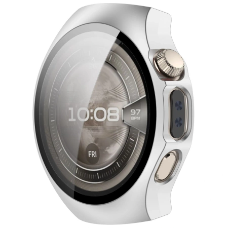 Etui ze szkłem do zegarka Bizon Case Watch Adamo do Huawei Watch 5 46 mm, satynowe srebrne