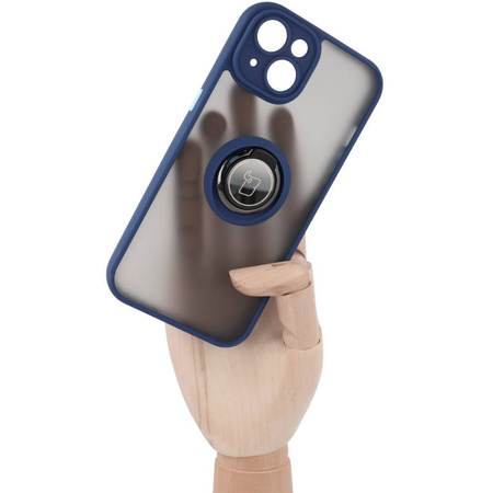 Etui z uchwytem na palec Bizon Case Hybrid Ring do iPhone 14, przydymione z granatową ramką