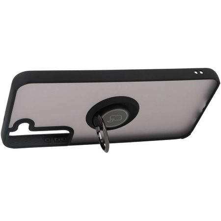 Etui z uchwytem na palec Bizon Case Hybrid Ring do Galaxy S22 Plus, przydymione z czarną ramką