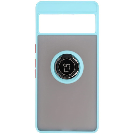 Etui z uchwytem na palec Bizon Case Hybrid Ring do Google Pixel 7 Pro, przydymione z jasnoniebieską ramką