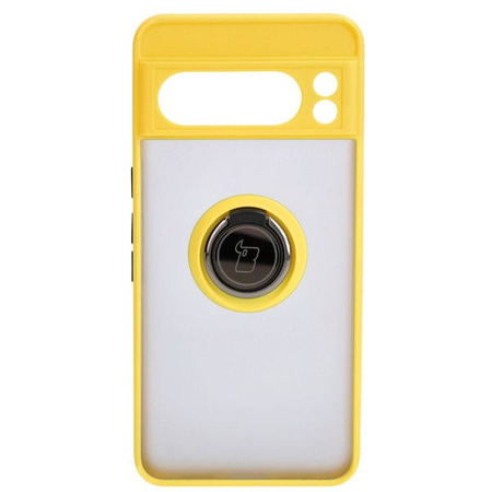 Etui z uchwytem na palec Bizon Case Hybrid Ring do Google Pixel 8 Pro, przydymione z żółtą ramką