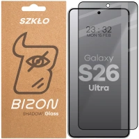 Prywatyzujące szkło hartowane Bizon Glass Edge Shadow do Galaxy S26 Ultra, przyciemniane z czarną ramką