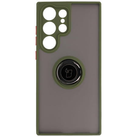 Etui z uchwytem na palec Bizon Case Hybrid Ring do Galaxy S23 Ultra, przydymione z zieloną ramką