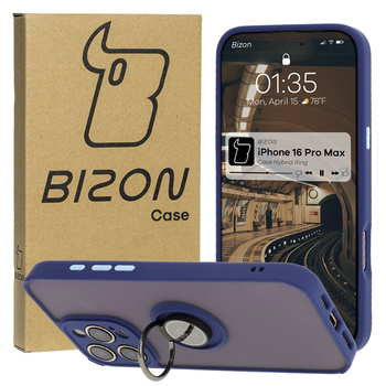 Etui z uchwytem na palec Bizon Case Hybrid Ring do iPhone 16 Pro Max, przydymione z granatową ramką