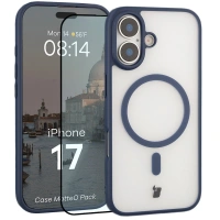 Etui z pierścieniem magnetycznym + szkło hartowane Bizon MatteO Pack do iPhone 17, przydymione-granatowe