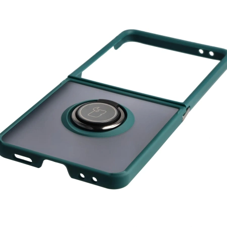 Etui z uchwytem na palec Bizon Case Hybrid Ring do Galaxy Z Flip7, przydymione z ciemnozieloną ramką