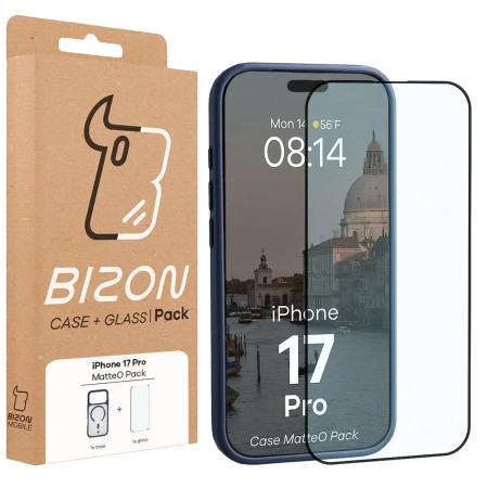 Etui z pierścieniem magnetycznym + szkło hartowane Bizon MatteO Pack do iPhone 17 Pro, przydymione-granatowe