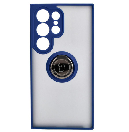 Etui z uchwytem na palec Bizon Case Hybrid Ring do Galaxy S24 Ultra, przydymione z granatową ramką