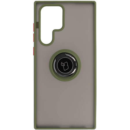 Etui z uchwytem na palec Bizon Case Hybrid Ring do Galaxy S22 Ultra, przydymione z zieloną ramką