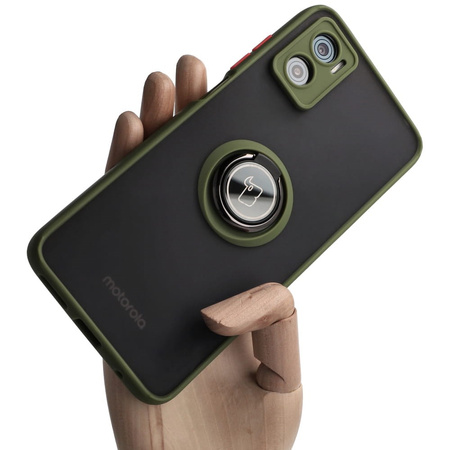 Etui z uchwytem na palec Bizon Case Hybrid Ring do Motorola Moto E22 / E22i, przydymione z zieloną ramką