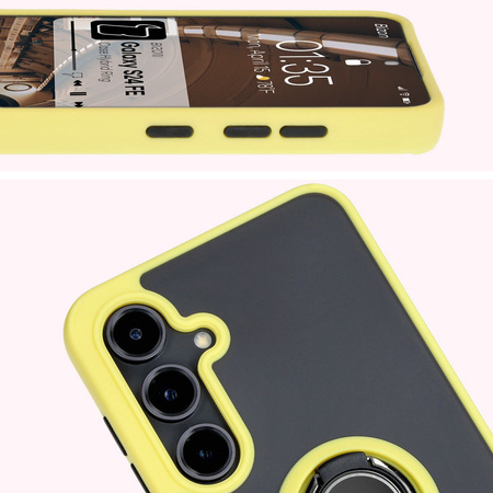 Etui z uchwytem na palec Bizon Case Hybrid Ring do Galaxy S24 FE, przydymione z żółtą ramką