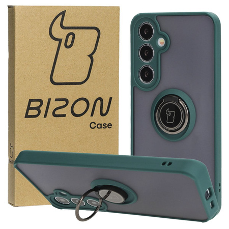 Etui z uchwytem na palec Bizon Case Hybrid Ring do Galaxy S25 Plus / S24 Plus, przydymione z ciemnozieloną ramką