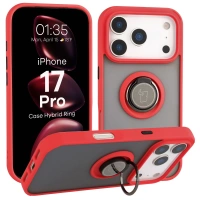 Etui z uchwytem na palec Bizon Case Hybrid Ring do iPhone 17 Pro, przydymione z czerwoną ramką