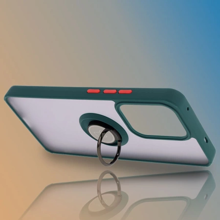 Etui z uchwytem na palec Bizon Case Hybrid Ring do Oppo Reno13 F / FS, przydymione z ciemnozieloną ramką