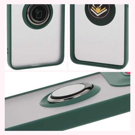 Etui z uchwytem na palec Bizon Case Hybrid Ring do Motorola Edge 50 Neo, przydymione z ciemnozieloną ramką