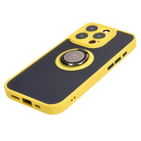 Etui z uchwytem na palec Bizon Case Hybrid Ring do iPhone 15 Pro, przydymione z żółtą ramką