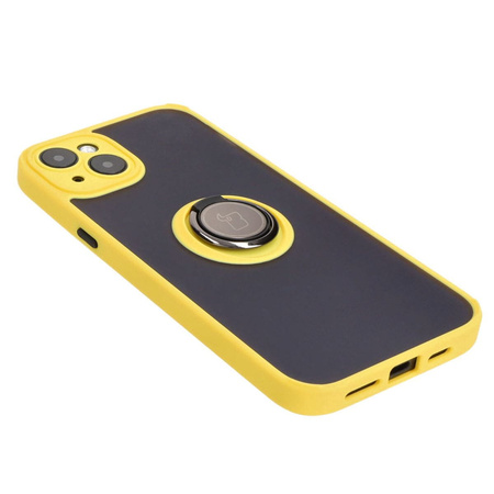 Etui z uchwytem na palec Bizon Case Hybrid Ring do iPhone 15 Plus, przydymione z żółtą ramką