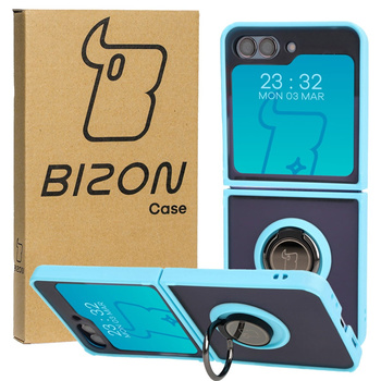 Etui z uchwytem na palec Bizon Case Hybrid Ring do Galaxy Z Flip5, przydymione z jasnoniebieską ramką