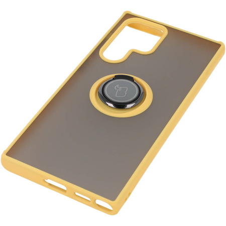 Etui z uchwytem na palec Bizon Case Hybrid Ring do Galaxy S22 Ultra, przydymione z żółtą ramką