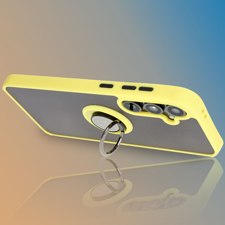 Etui z uchwytem na palec Bizon Case Hybrid Ring do Galaxy S24 FE, przydymione z żółtą ramką