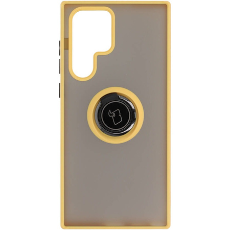Etui z uchwytem na palec Bizon Case Hybrid Ring do Galaxy S22 Ultra, przydymione z żółtą ramką