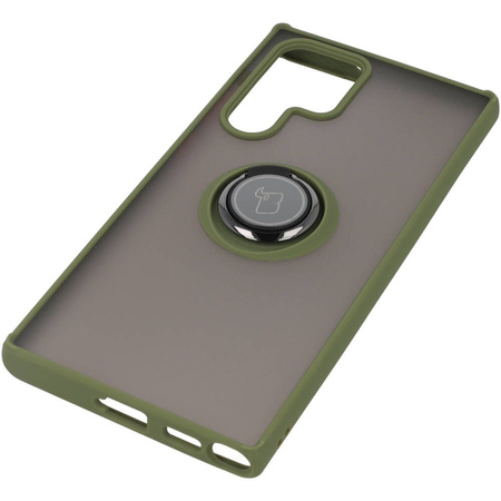 Etui z uchwytem na palec Bizon Case Hybrid Ring do Galaxy S22 Ultra, przydymione z zieloną ramką