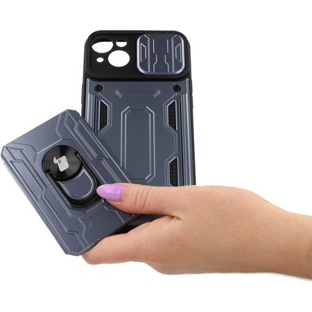 Etui Bizon Case Camshield Card Slot Ring do iPhone 14 Plus, szare