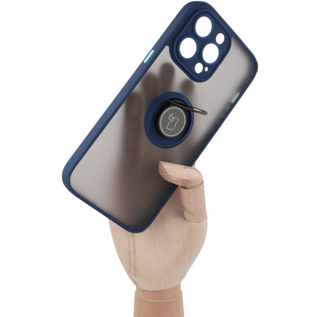 Etui z uchwytem na palec Bizon Case Hybrid Ring do iPhone 14 Pro Max, przydymione z granatową ramką