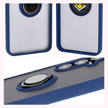 Etui z uchwytem na palec Bizon Case Hybrid Ring do Galaxy S24 FE, przydymione z granatową ramką