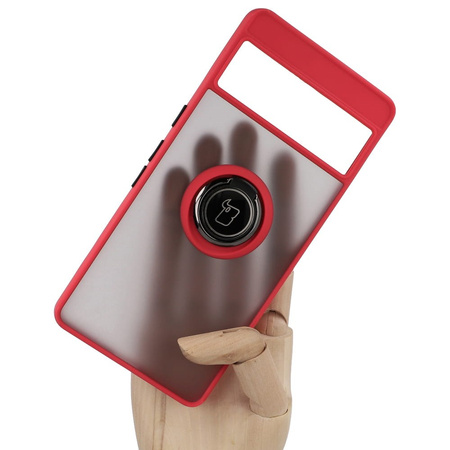 Etui z uchwytem na palec Bizon Case Hybrid Ring do Google Pixel 7 Pro, przydymione z czerwoną ramką