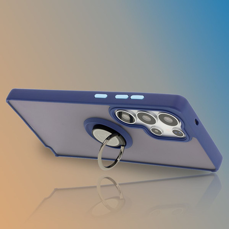 Etui z uchwytem na palec Bizon Case Hybrid Ring do Galaxy S25 Ultra, przydymione z granatową ramką