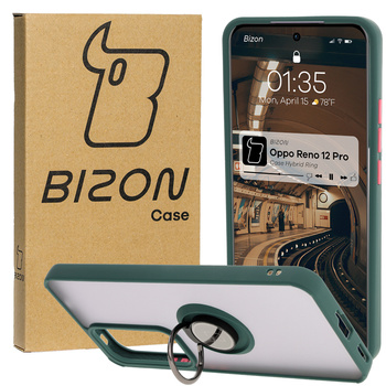 Etui z uchwytem na palec Bizon Case Hybrid Ring do Oppo Reno 12 Pro, przydymione z ciemnozieloną ramką