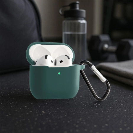 Silikonowe etui z karabińczykiem Bizon Case Headphone Silicone do AirPods 4, ciemnozielone
