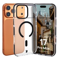 Etui z pierścieniem magnetycznym Bizon Case Marco do iPhone 17 Pro Max, przezroczyste z czarną ramką
