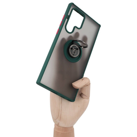 Etui z uchwytem na palec Bizon Case Hybrid Ring do Galaxy S22 Ultra, przydymione z ciemnozieloną ramką