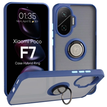 Etui z uchwytem na palec Bizon Case Hybrid Ring do Xiaomi POCO F7, przydymione z granatową ramką