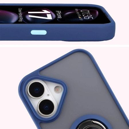 Etui z uchwytem na palec Bizon Case Hybrid Ring do iPhone 17, przydymione z granatową ramką