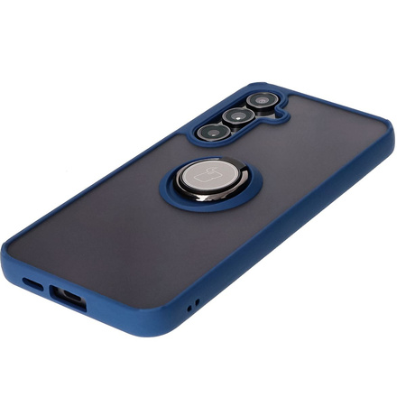 Etui z uchwytem na palec Bizon Case Hybrid Ring do Galaxy S24 FE, przydymione z granatową ramką
