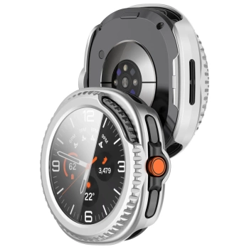 Etui ze szkłem do zegarka Bizon Case+Glass Watch do Samsung Galaxy Watch 8 Classic 46 mm, satynowo srebrne