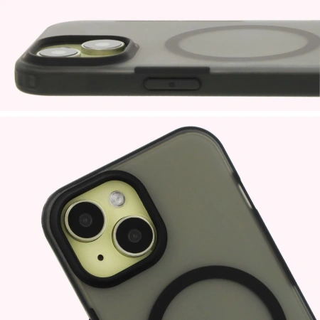 Etui z pierścieniem magnetycznym + szkło hartowane Bizon MatteO Pack do iPhone 15, przydymione-czarne