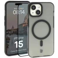 Etui z pierścieniem magnetycznym + szkło hartowane Bizon MatteO Pack do iPhone 15, przydymione-czarne