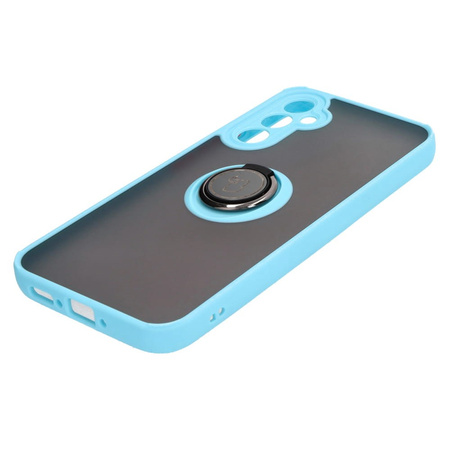 Etui z uchwytem na palec Bizon Case Hybrid Ring do Galaxy A34 5G, przydymione z jasnoniebieską ramką