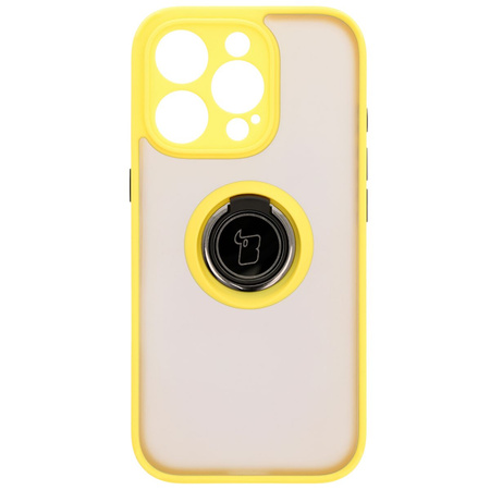 Etui z uchwytem na palec Bizon Case Hybrid Ring do iPhone 16 Pro, przydymione z żółtą ramką