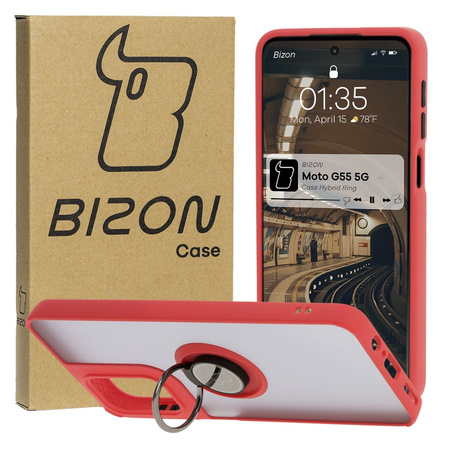 Etui z uchwytem na palec Bizon Case Hybrid Ring do Motorola Moto G55 5G, przydymione z czerwoną ramką